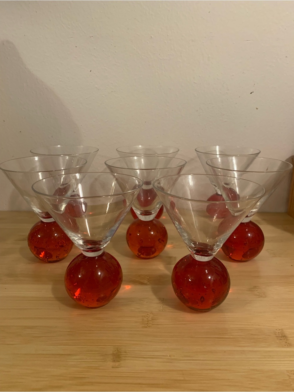 E. Cointreau Set of 8 Martini Cocktail Glasses Orange red Controlled Bubble Base